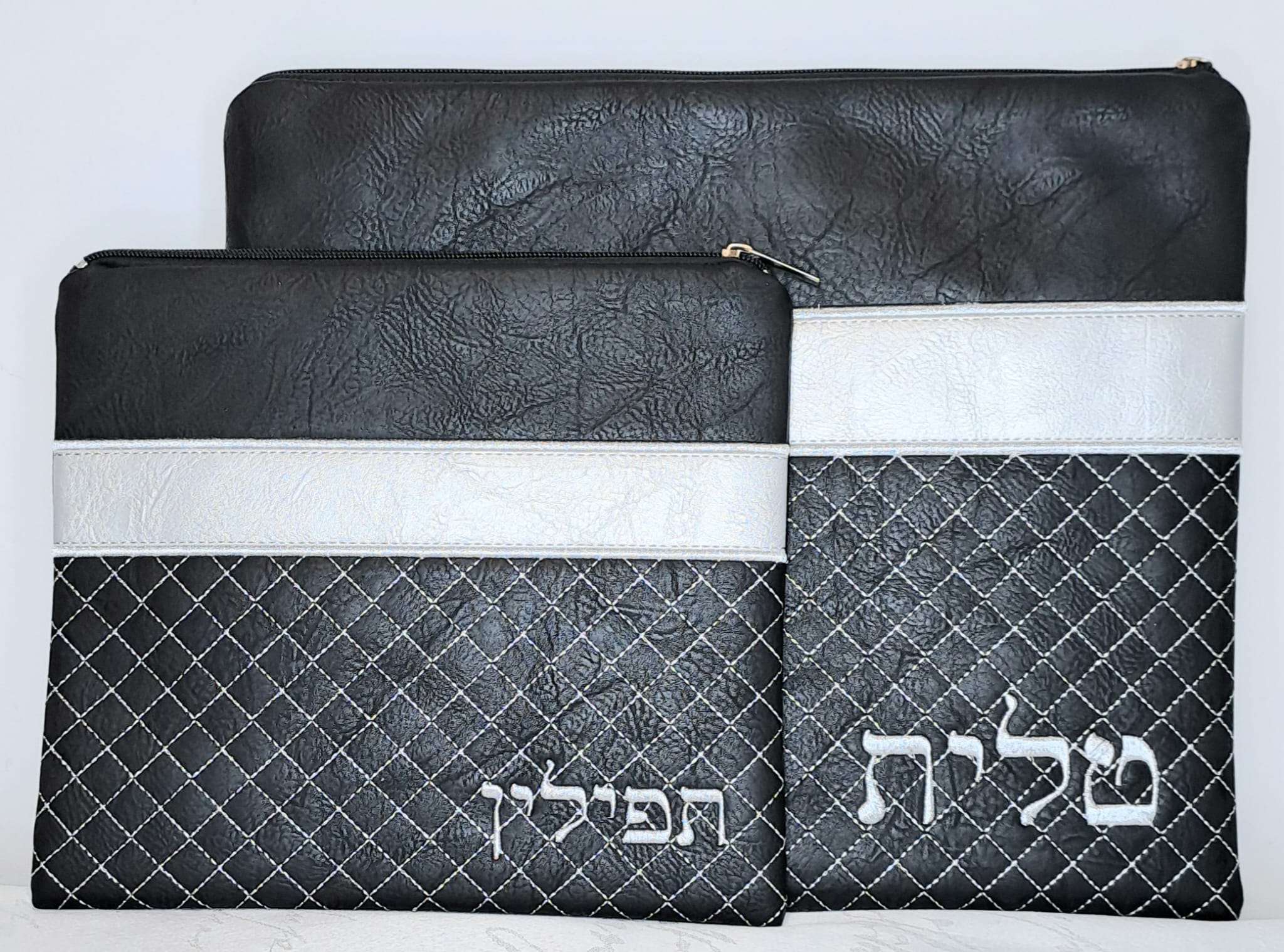 כיסוי טלית ותפילין דמוי עור שחור כסף מעויין אוריה אומנות ועיצוב בטליתות 2