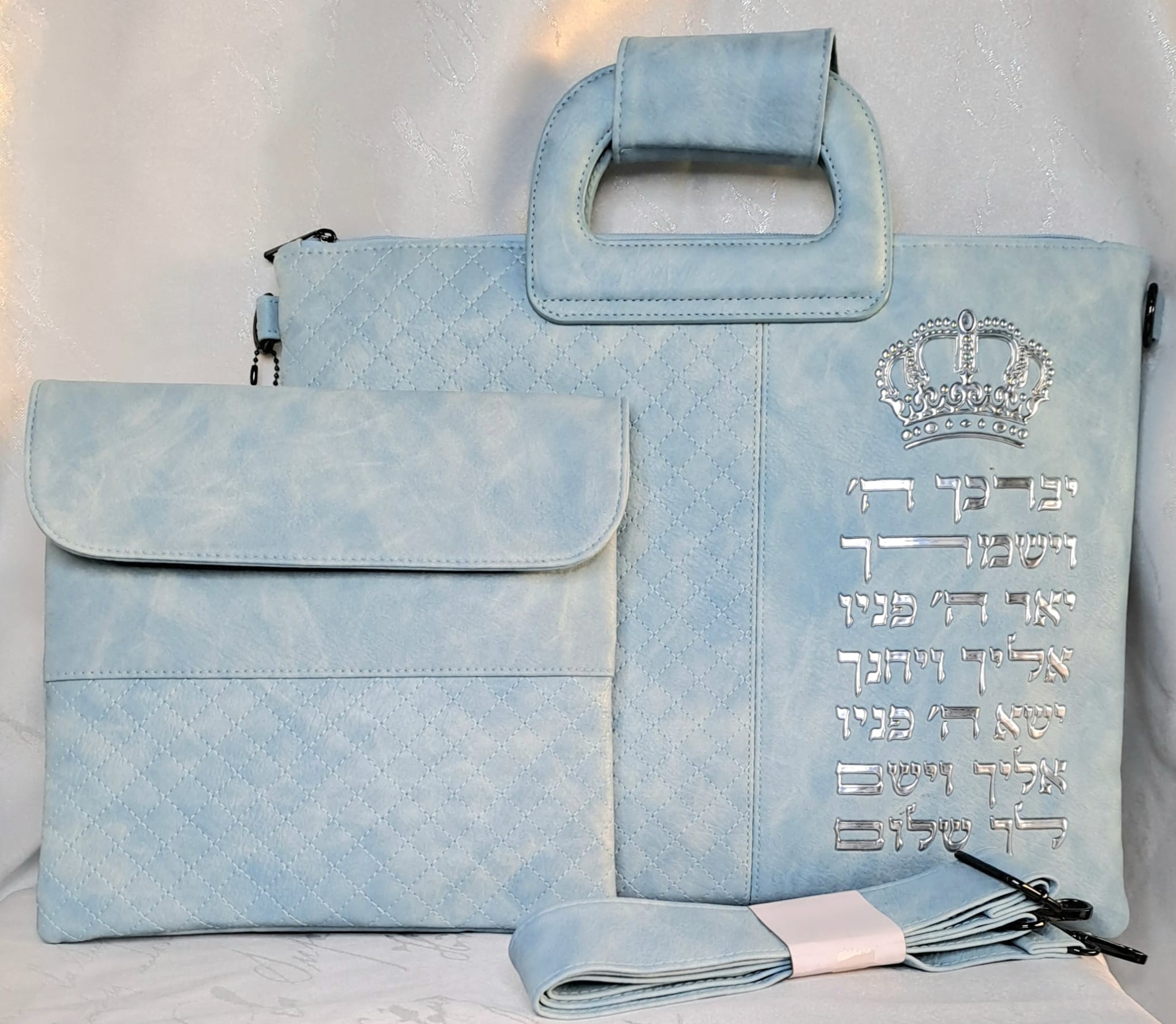 כיסוי טלית ותפילין דמוי עור תכלת בהיר עם ידיות אוריה אומנות ועיצוב בטליתות 2